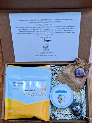 Tea box with Herbal Teas, lemongrass tea package, a small amethyst crystal stone, with pouch and tea steeper and Scented Soy Candle